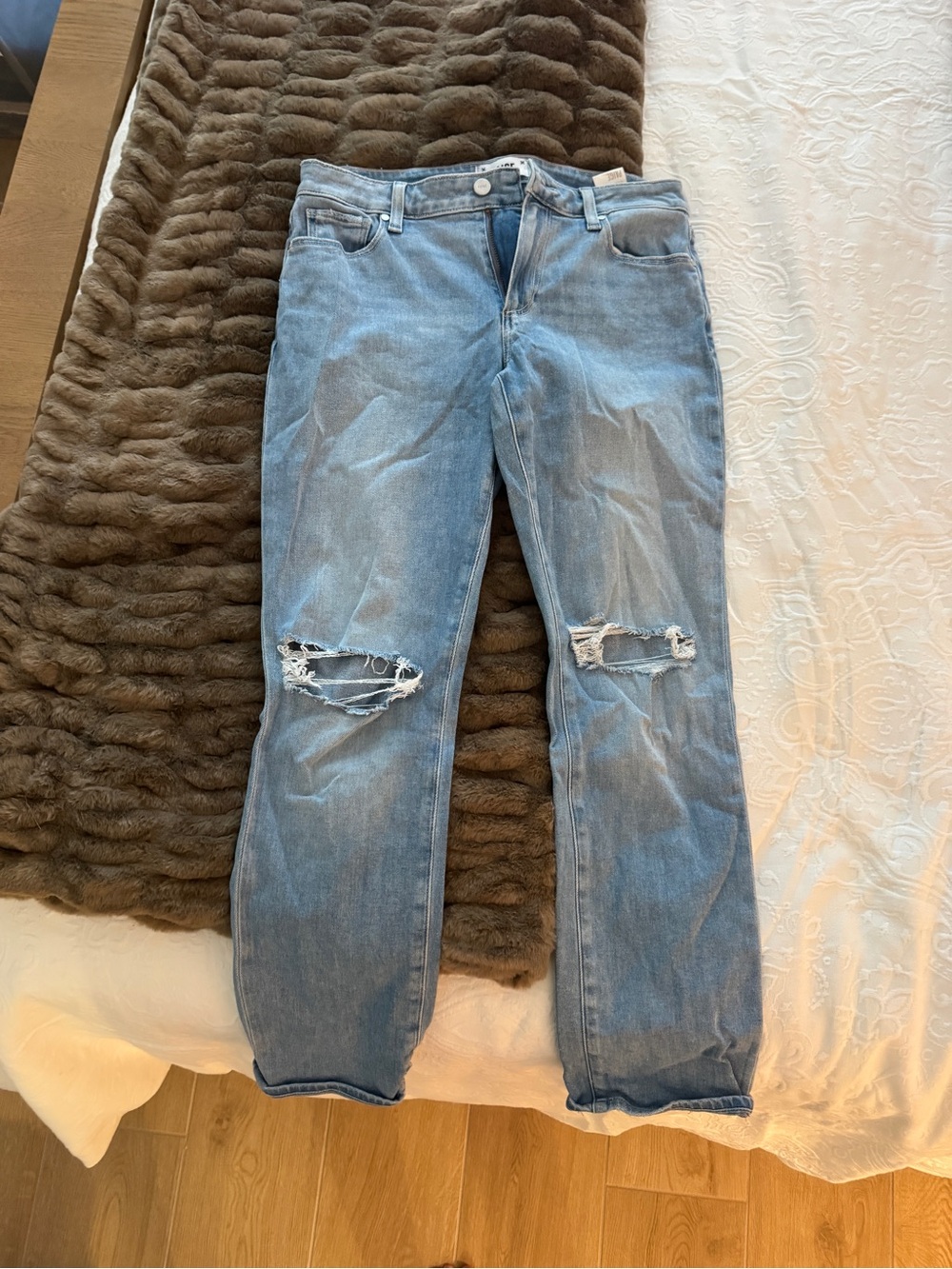 Paige Light Blue Distressed Straight-Leg Jeans